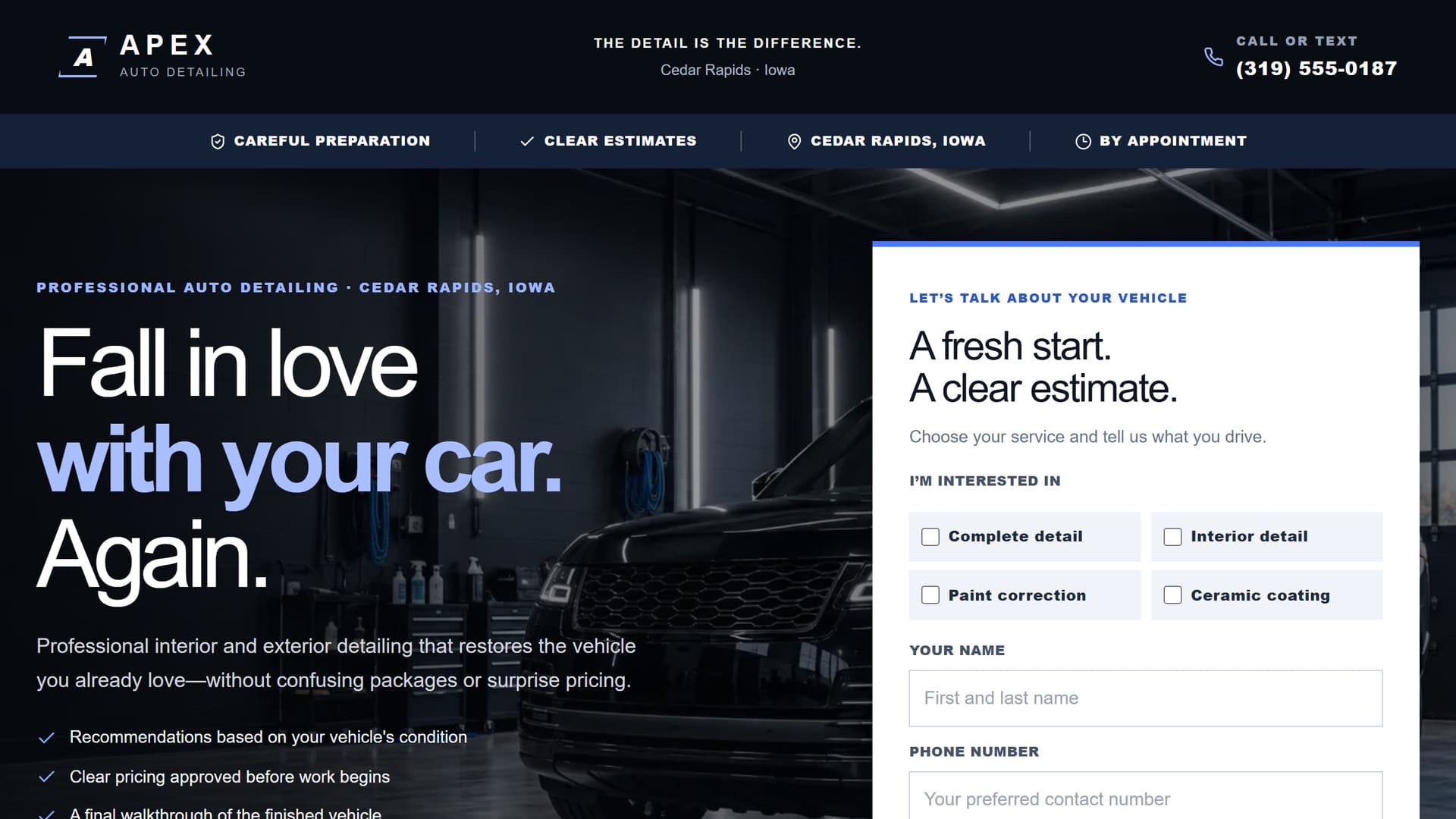 Apex Auto Detailing landing page preview